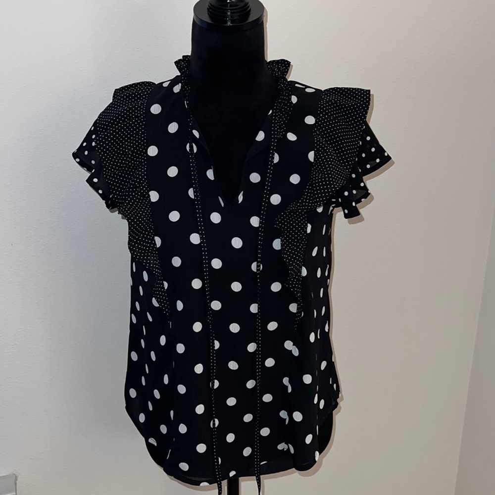 Sweet Wanderer‎ black ivory Polk a dot ruffle sleeveless Sz S top blouse